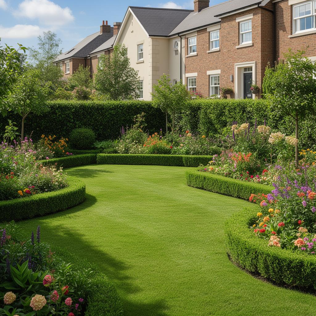 Gepflegter Garten mit Rasen, Hecken und Blumenbeeten