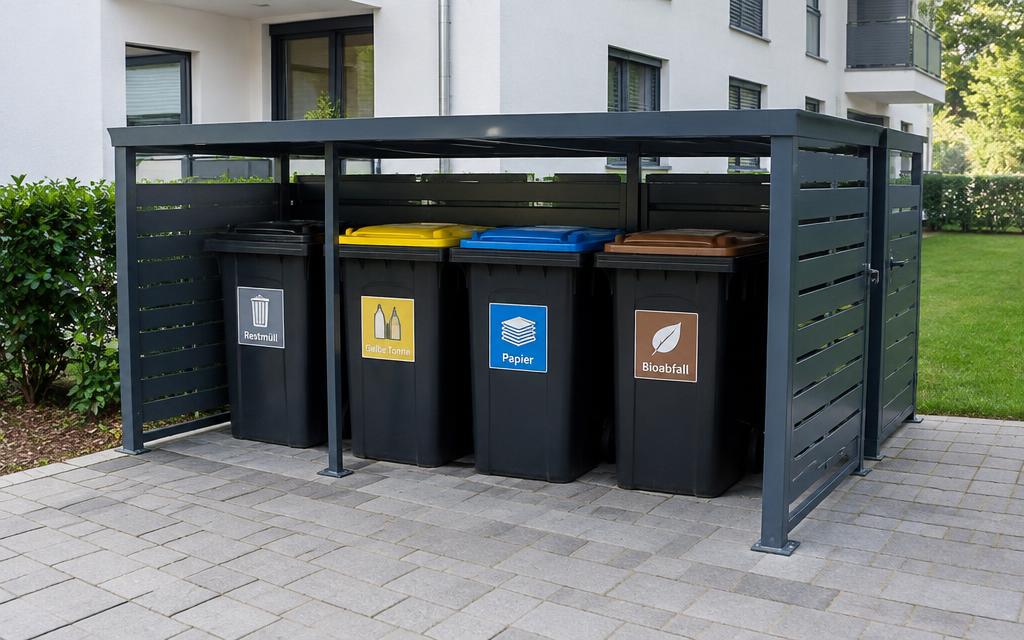 Gepflegter Mülltonnenstandplatz vor einer Wohnanlage