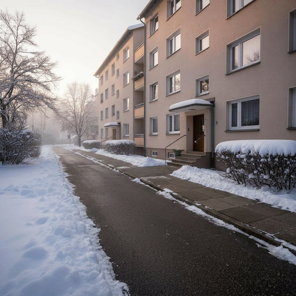 Frisch geräumter Gehweg im Winter vor einem Wohnhaus